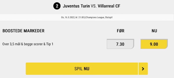 Cashpoint Juve vs. Villarreal odds boost