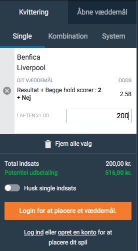 Nordicbet Benfica vs. Liverpool betting kvittering