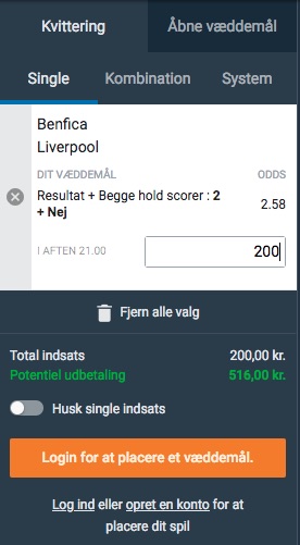 Nordicbet Benfica vs. Liverpool betting kvittering