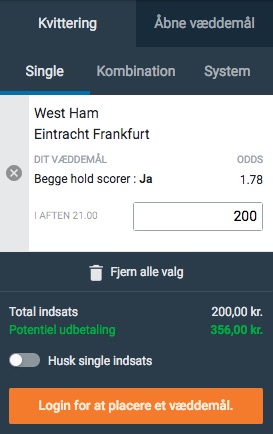 Nordicbet West Ham vs. Frankfurt EL kvittering