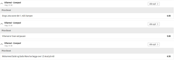 Bwin odds boost, Villarreal - Liverpool odds, Champions League
