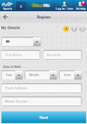 William Hill mobile App registration form