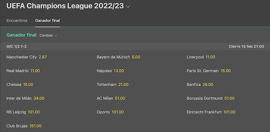 cuotas para el ganador de la champions league en bet365