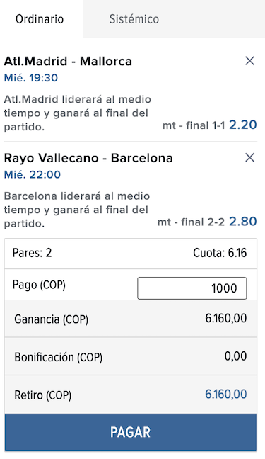 ejemplo de apuestas al descanso y final del encuentro