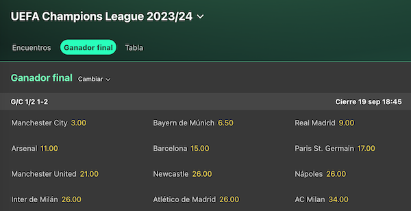 Apuesta ganador champions 2023