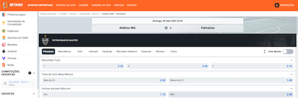 Atlético MG x Palmeiras Brasileirão Serie A - Palpite com odds Betano