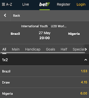 Brasil x Nigéria Sub-20 Palpites de apostas com odds Bet7 - 27.05.2023