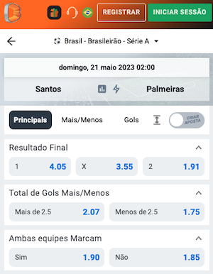 Santos x Palmeiras Palpite de apostas com odds Betano
