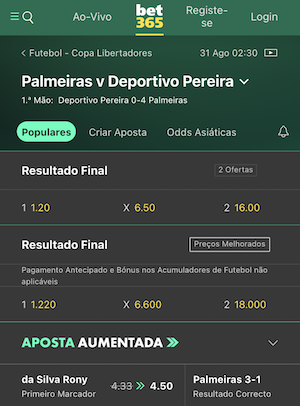 Palmeiras x Deportivo Pereira Palpite - 30.08.2023 Odds Bet365