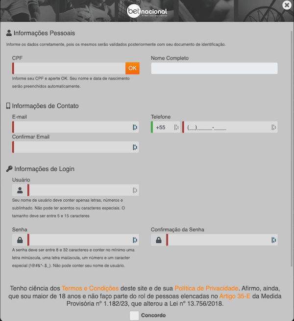 Bet Nacional Apostas - Formulário de Cadastro