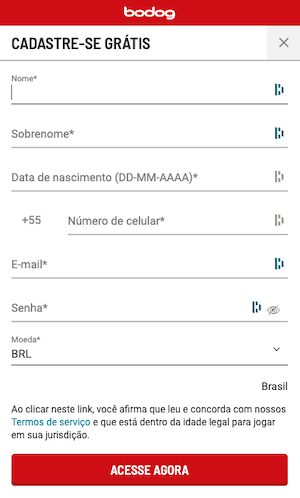 Bodog formulário de cadastro